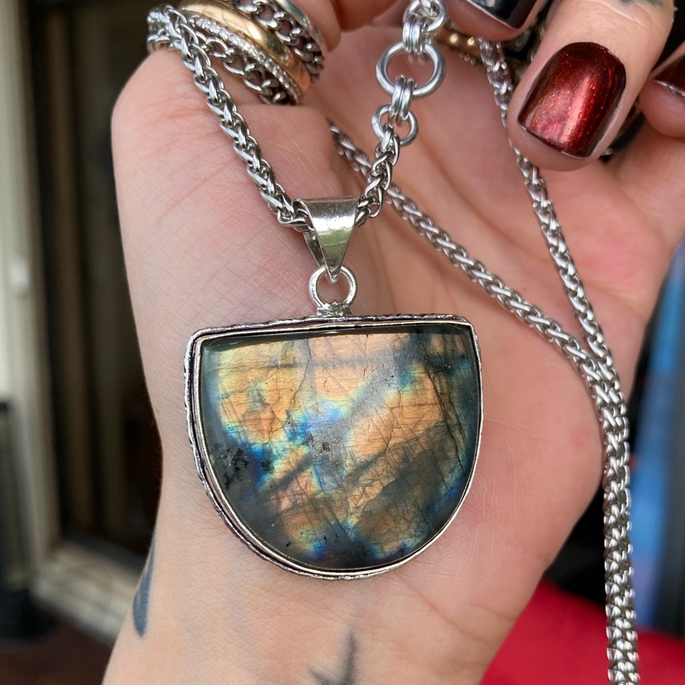 925 sterling silver overlay iridescent labradorite charm boho gemstone necklace - Picture 8 of 15
